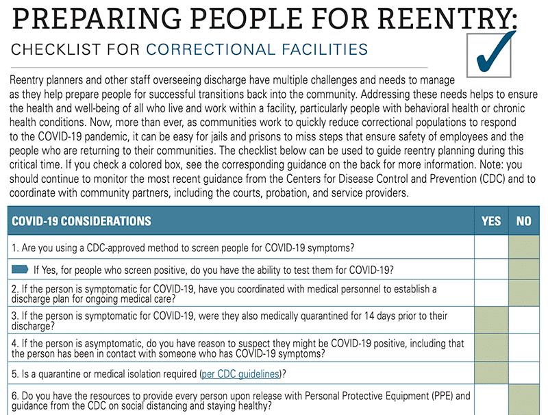 Council of state governments releases reentry planning checklist for correctional facilities